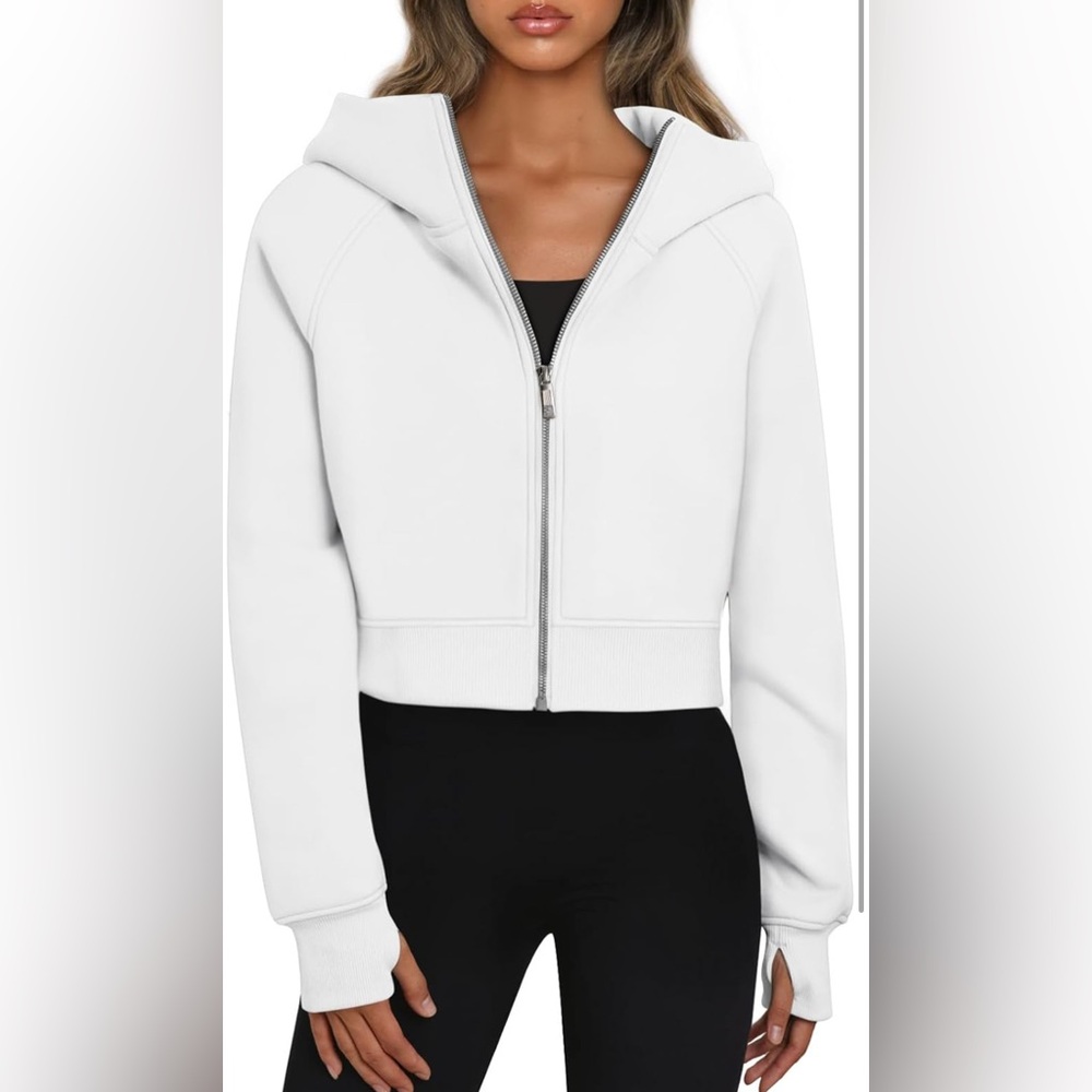 White Cropped Zip-Up Hoodie